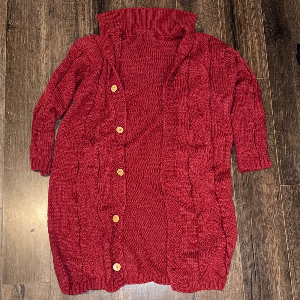 Red Cable Knit Cardigan Sweater XL | Chunky Button Front Cozy Layer